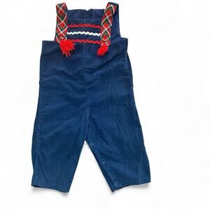 Vintage Baby Boy Corduroy Romper Plaid Straps Tassels Snap Legs Navy 12–18 Month